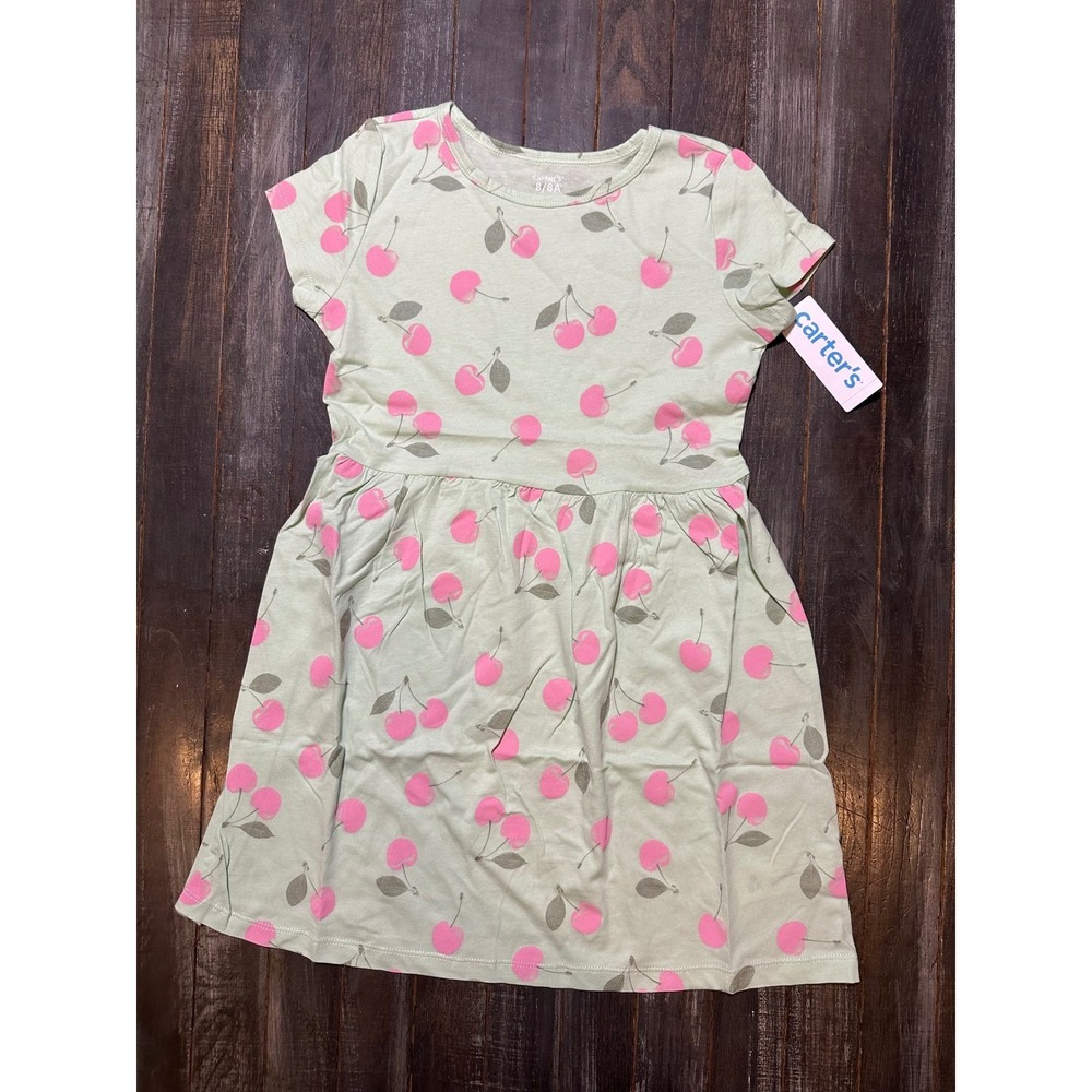 Carters Girls Green Cherry Print Jersey Dress Short Sleeve Size 8